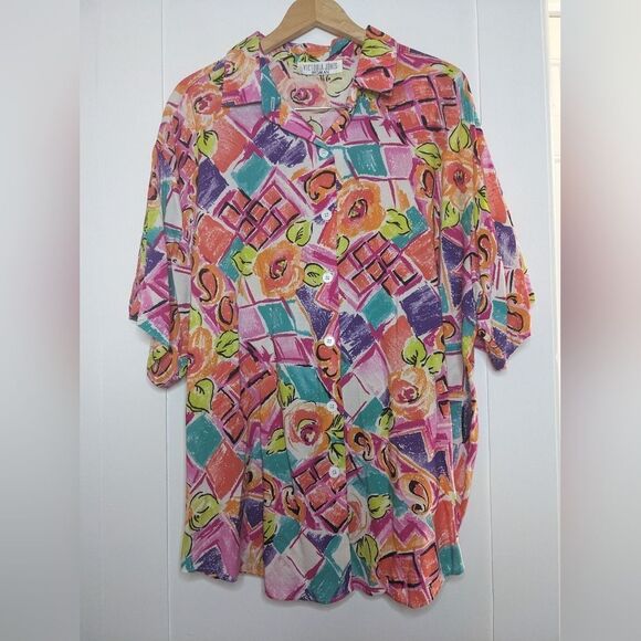Vintage Women's Casual 80s Pattern Linen Button Up Shirt Short Sleeve Victoria J - Picture 1 of 5